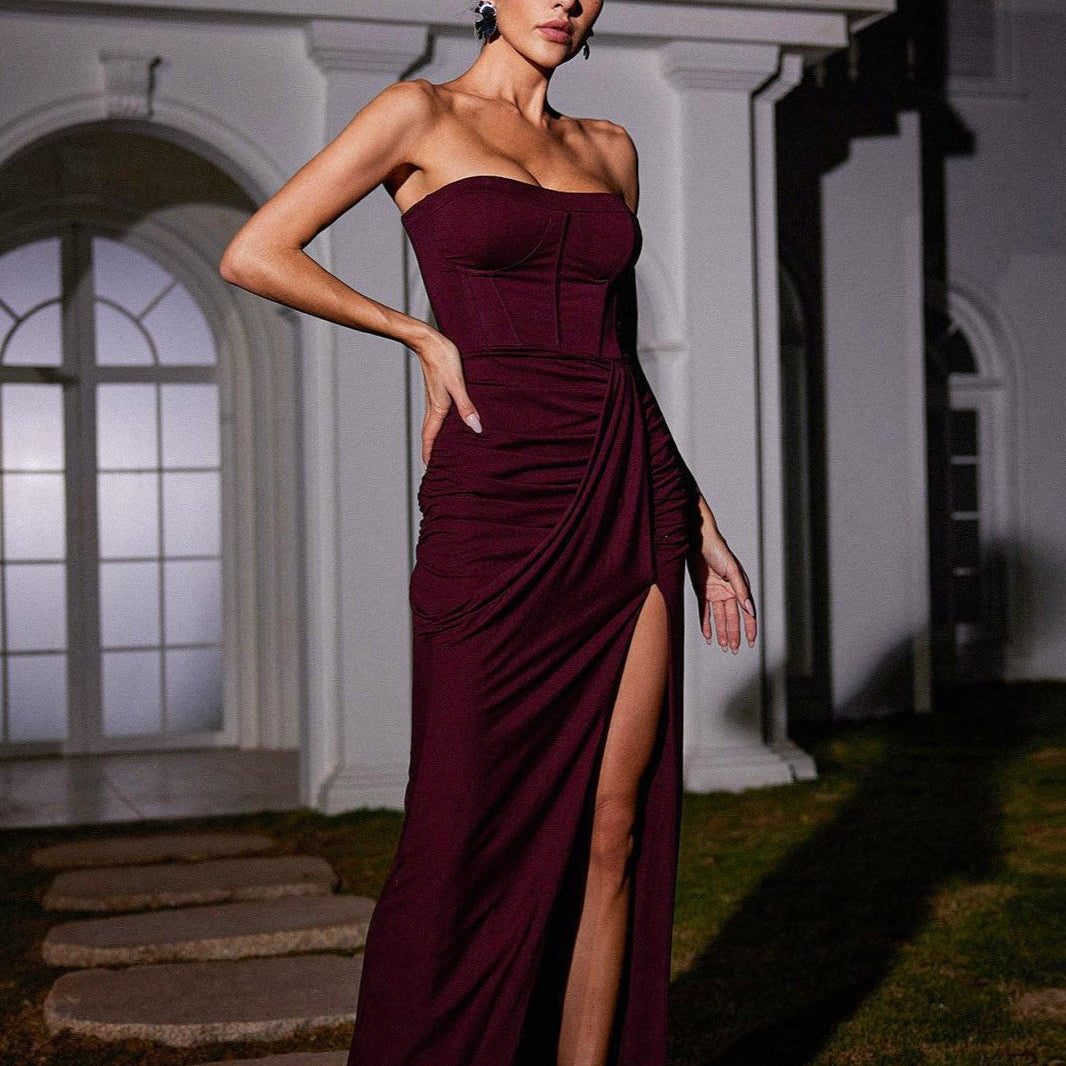 Carew Straplez Dantelli Kahverengi Maxi Elbise