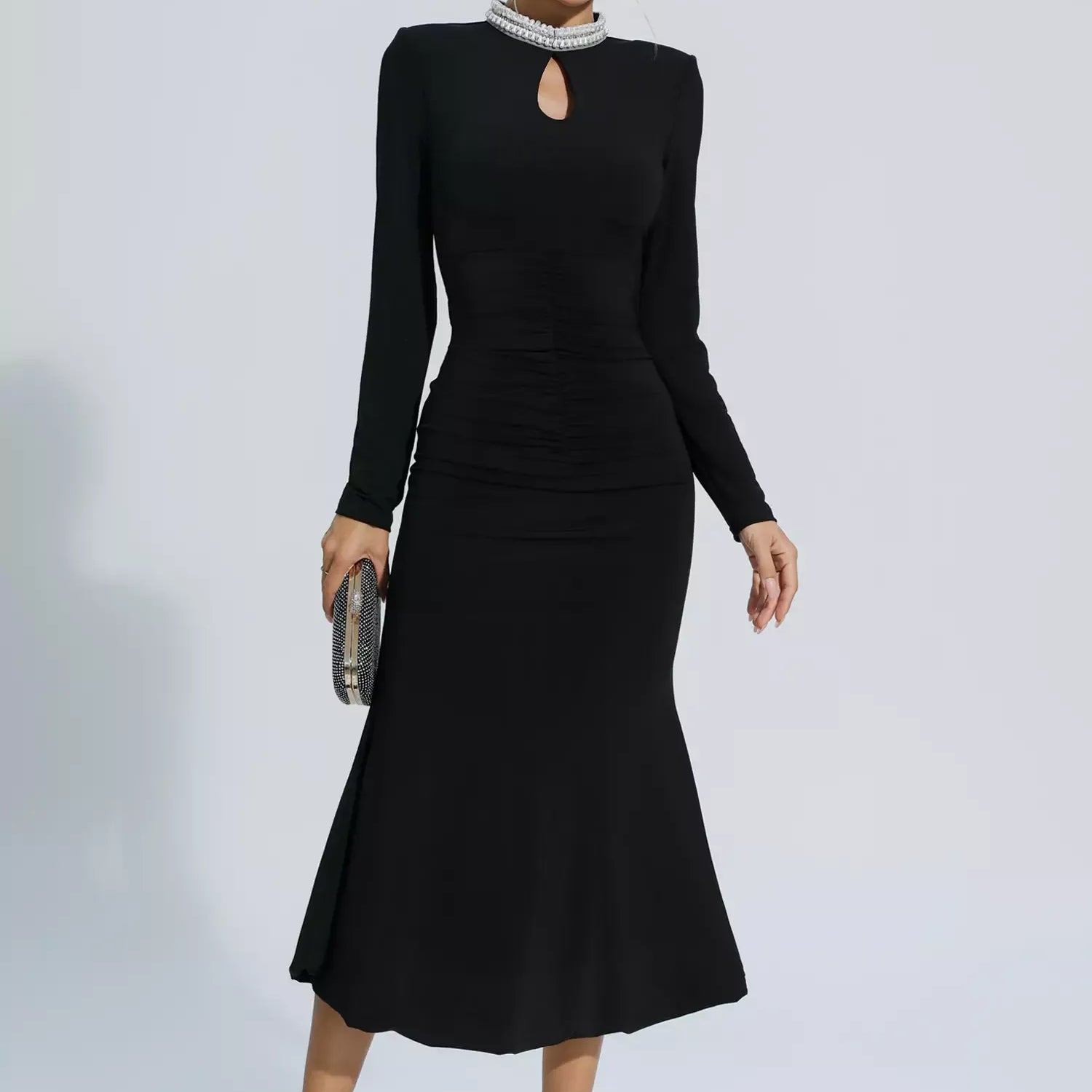 Christina Siyah İnci Desenli Uzun Kol Maxi Elbise