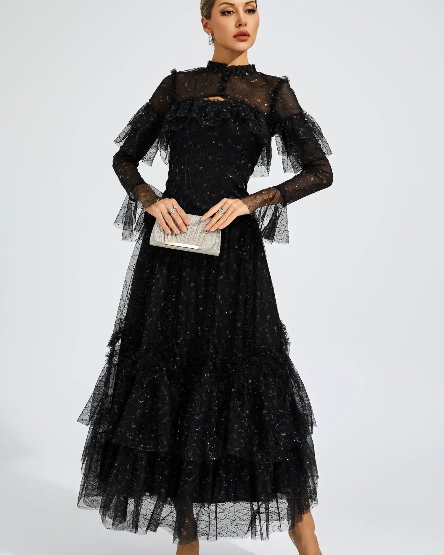 Clapham Siyah Fileli Çiçekli Uzun Elbise