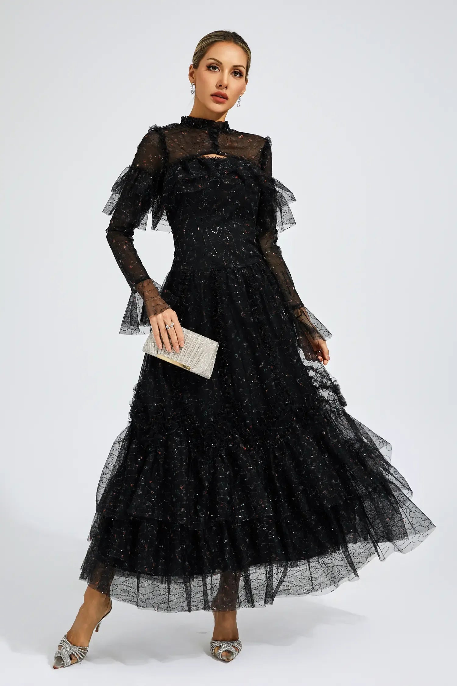 Clapham Siyah Fileli Çiçekli Uzun Elbise