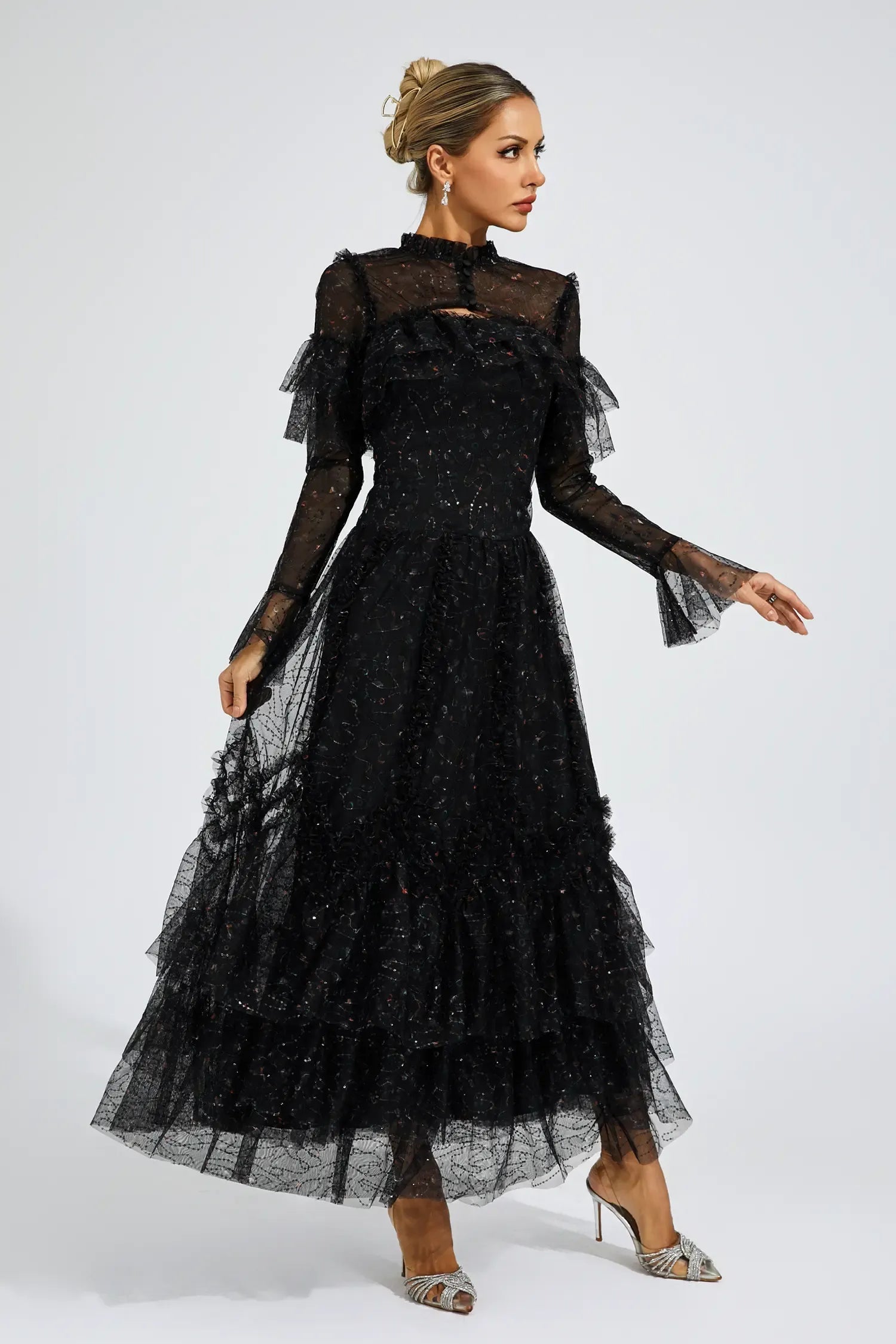 Clapham Siyah Fileli Çiçekli Uzun Elbise