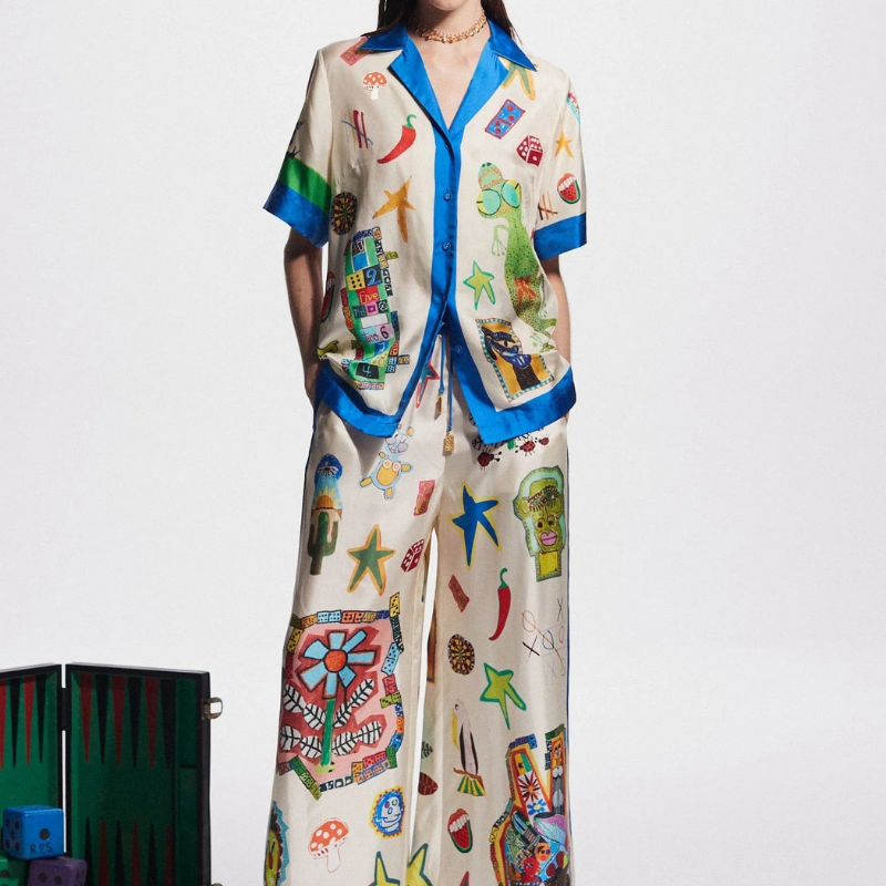 Clarette V Yaka Patchwork Pantolon Takımı