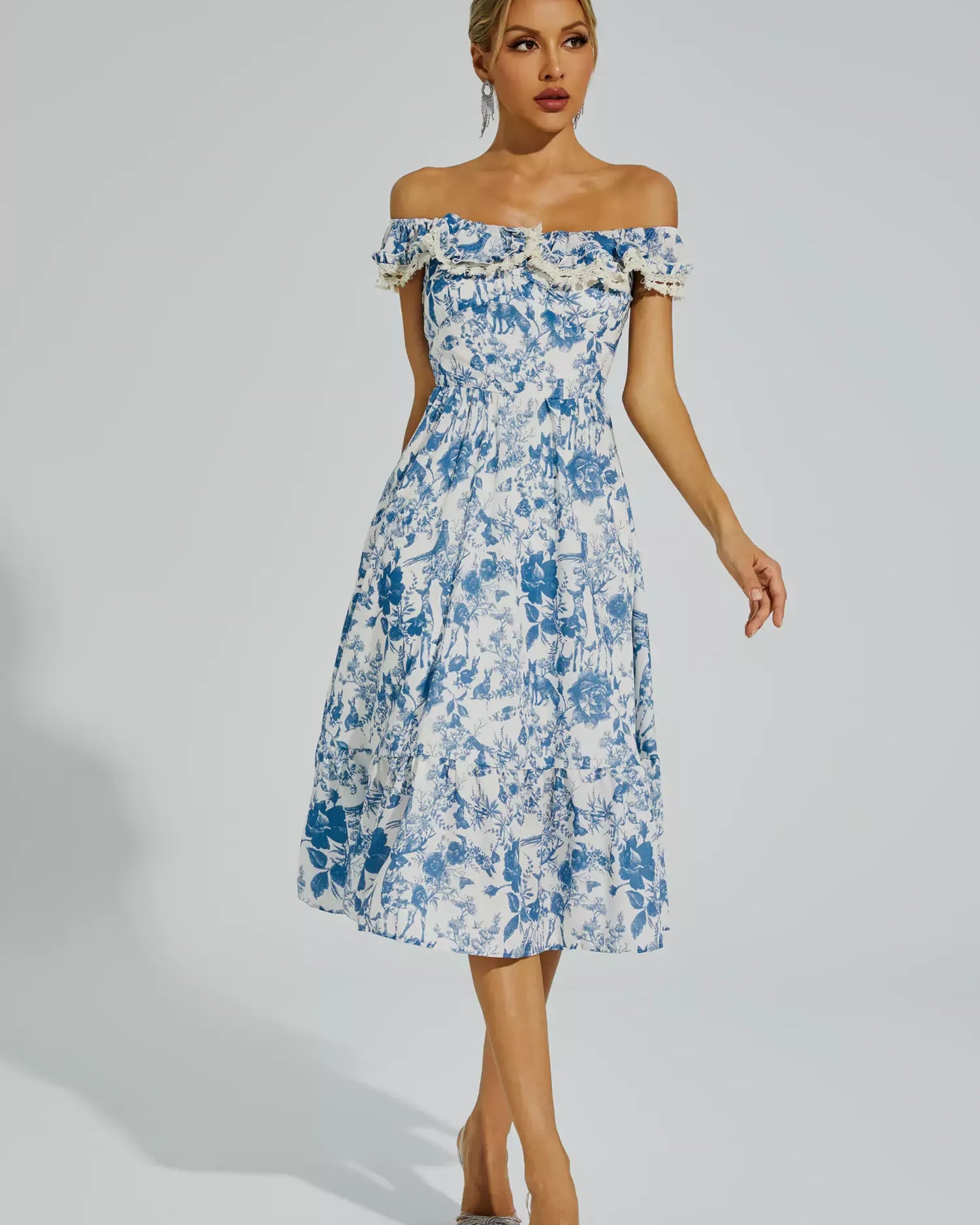 Connie Mavi Çiçek Puf Kol Midi Elbise