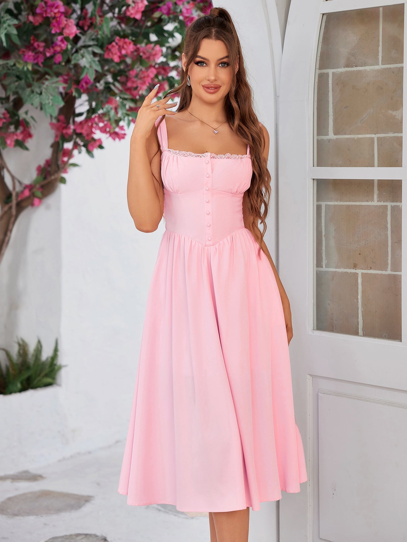 Düğme Detaylı Askılı Midi Elbise