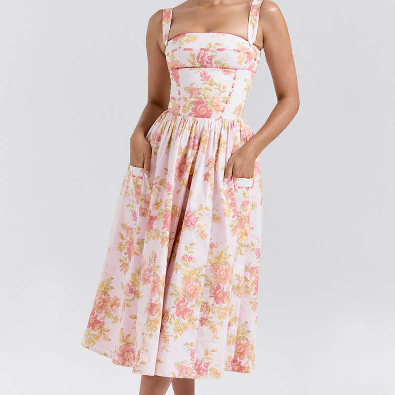 Cybèle Şeftali Gelincik Desenli Midi Elbise