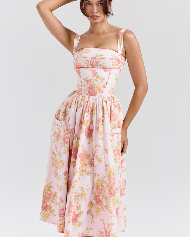 Cybèle Şeftali Gelincik Desenli Midi Elbise