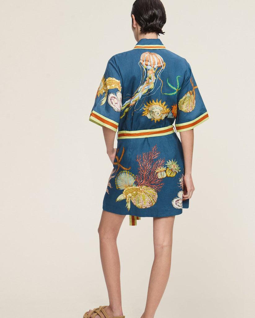 Mareblu Kuşaklı Deniz Desenli Gömlek Elbise