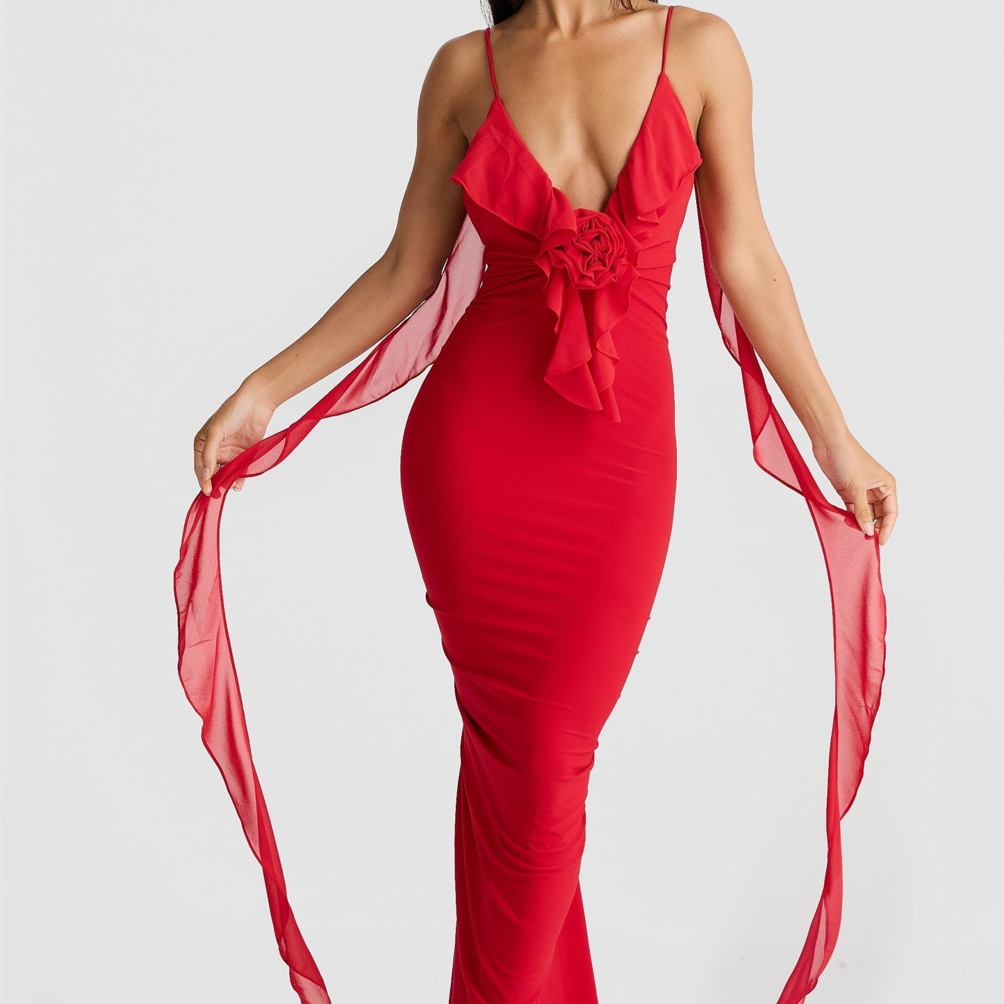 Cornelia Fırfırlı Çiçek Aplikeli Uzun Elbise