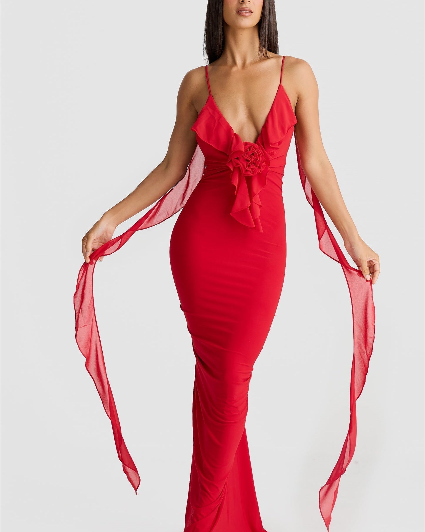 Cornelia Fırfırlı Çiçek Aplikeli Uzun Elbise