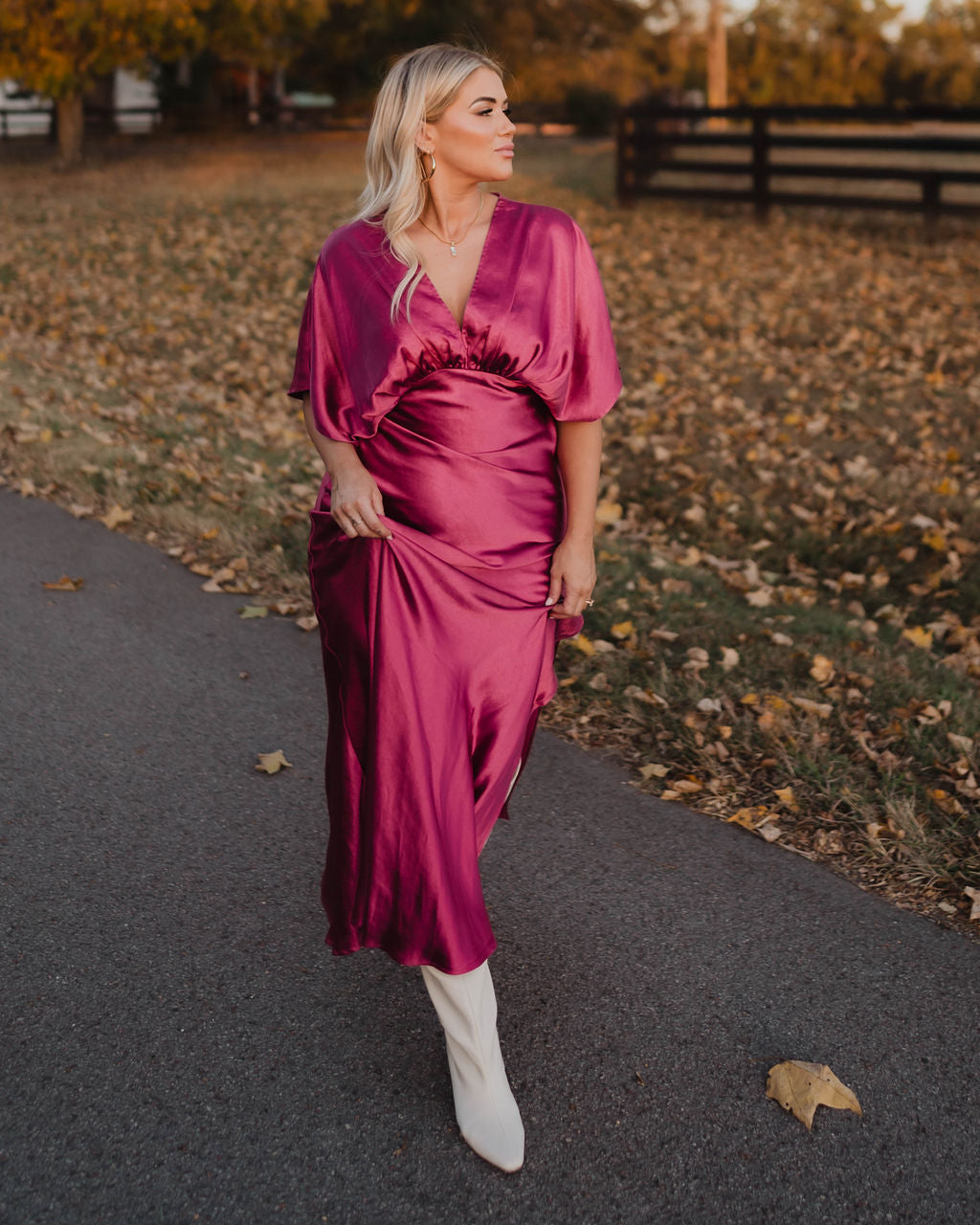 Theia Saten V Yaka Uzun Elbise