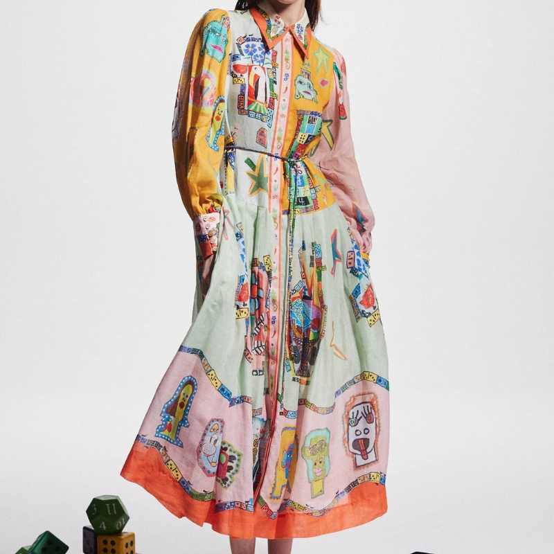 Danielle Balon Kol Patchwork Uzun Elbise