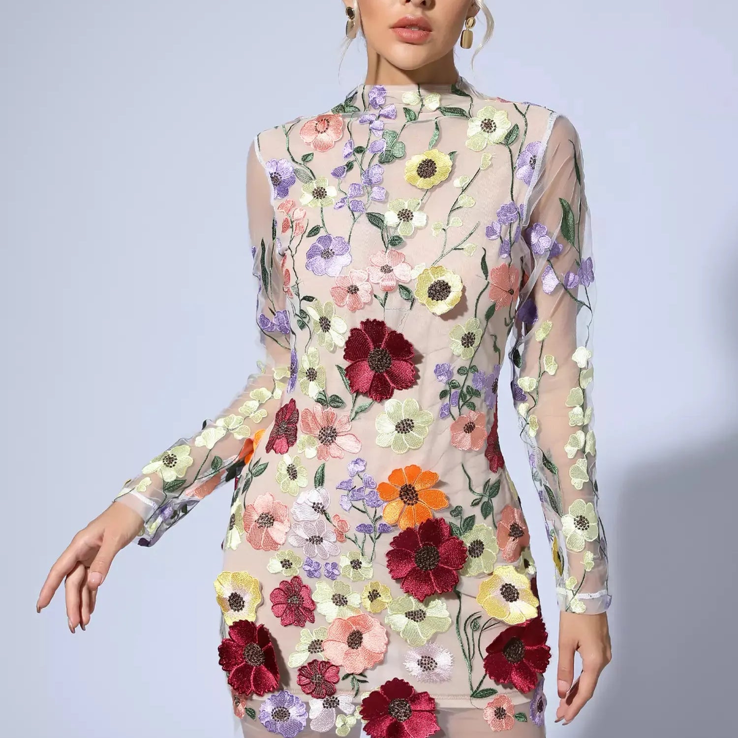 Danna Flesh Beyaz Çiçek Nakışlı Mini Elbise