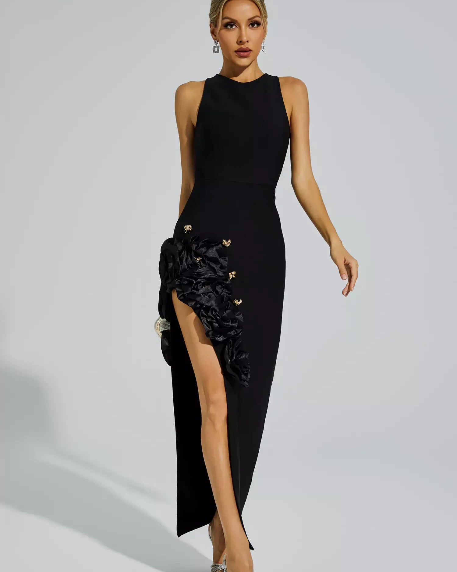 Darcy Siyah Gül Yırtmaçlı Bandaj Maxi Elbise