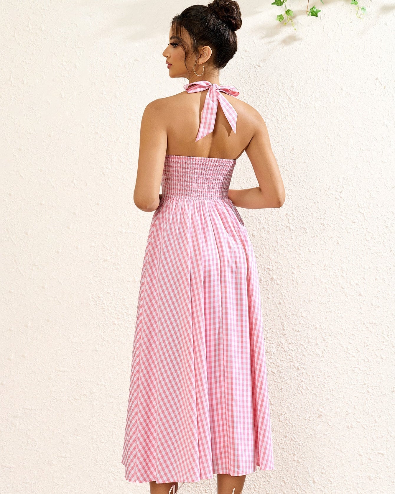 V Yaka Kareli Halter Maxi Elbise