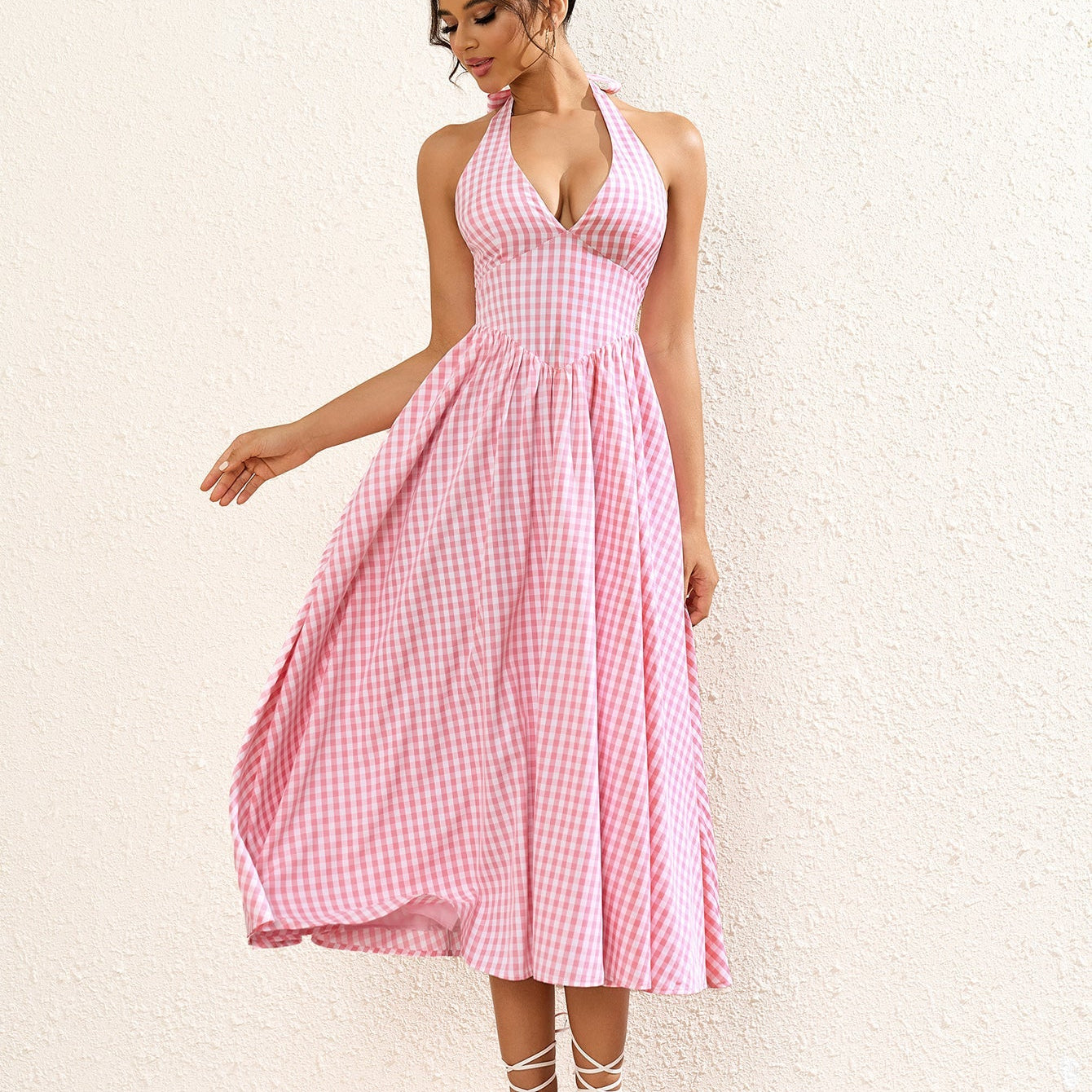 V Yaka Kareli Halter Maxi Elbise