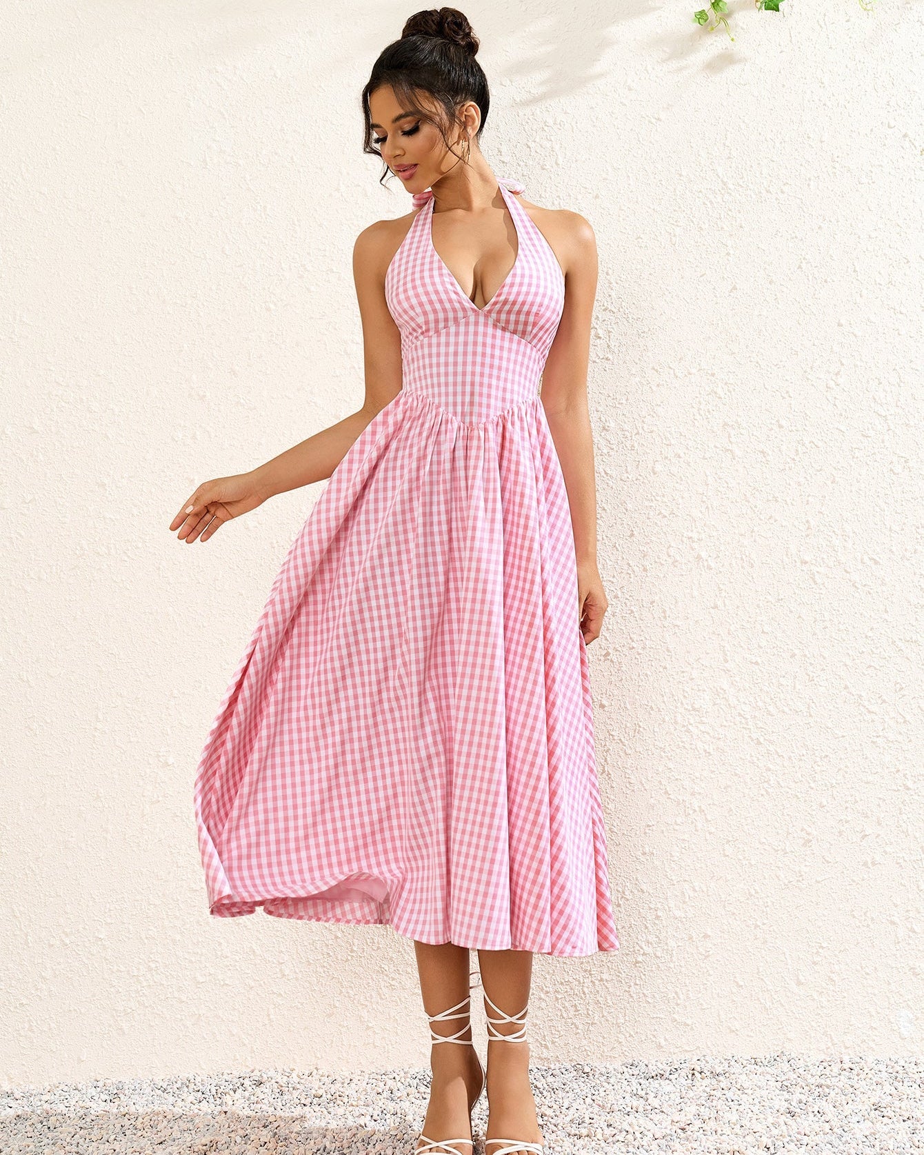 V Yaka Kareli Halter Maxi Elbise