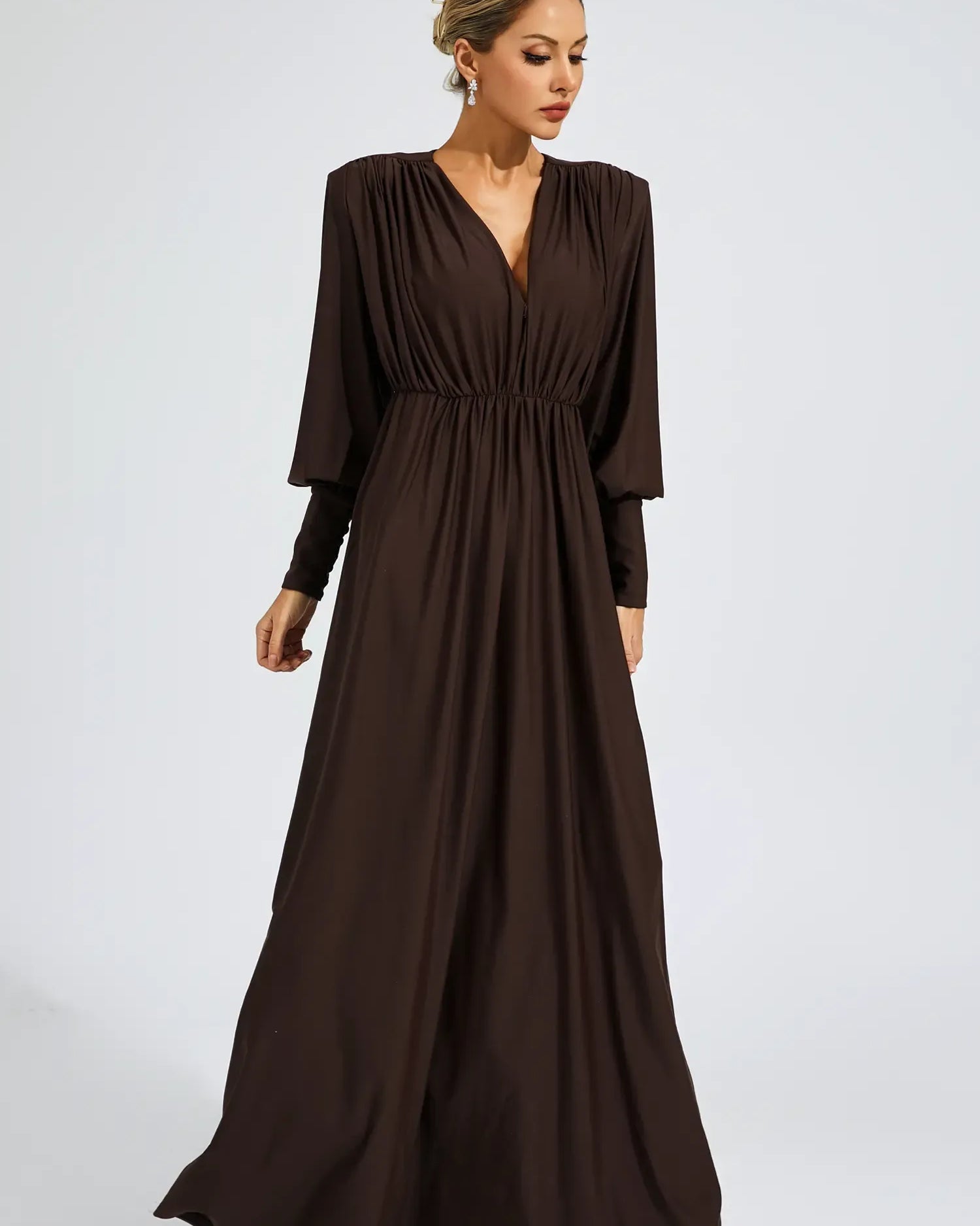 Celine Kahve Korseli Uzun Elbise