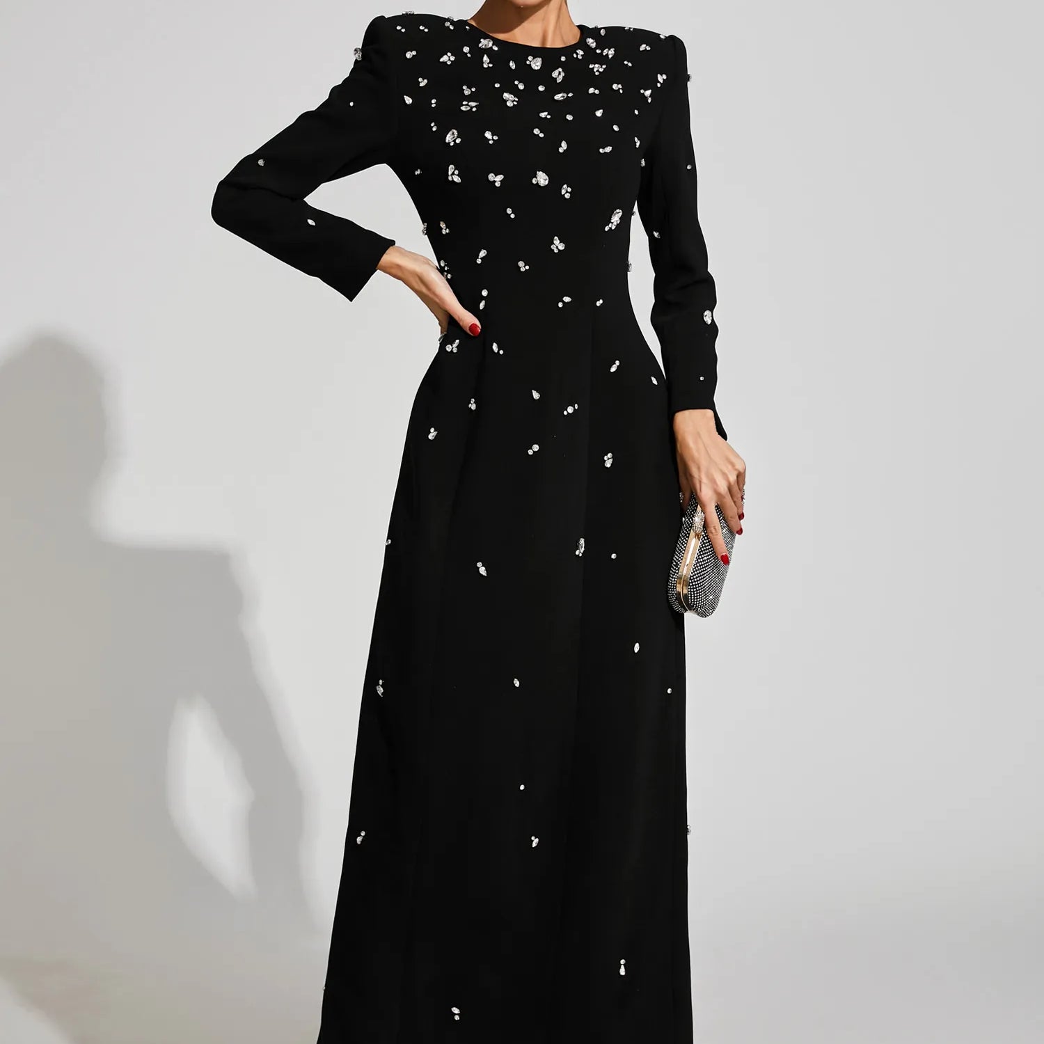 Lenore Siyah Pırlanta Uzun Kollu Uzun Elbise