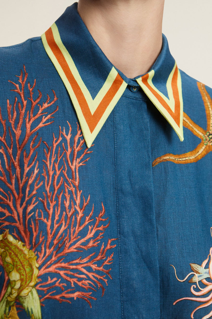 Mareblu Kuşaklı Deniz Desenli Gömlek Elbise