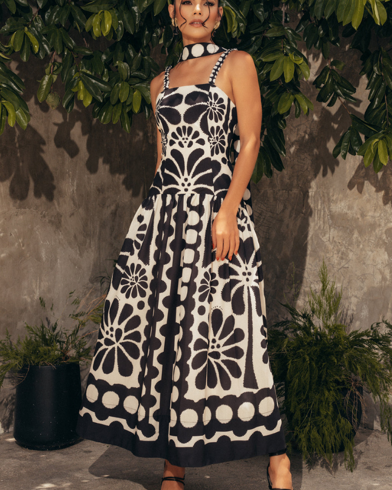 Élisabeth Floral Spagetti Uzun Elbise Siyah