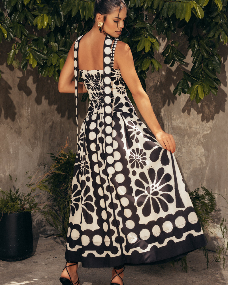 Élisabeth Floral Spagetti Uzun Elbise Siyah