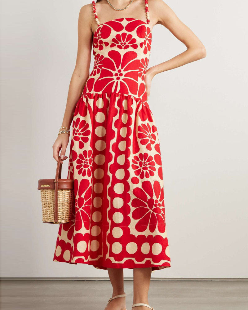 Élisabeth Floral Spagetti Uzun Elbise Kırmızı