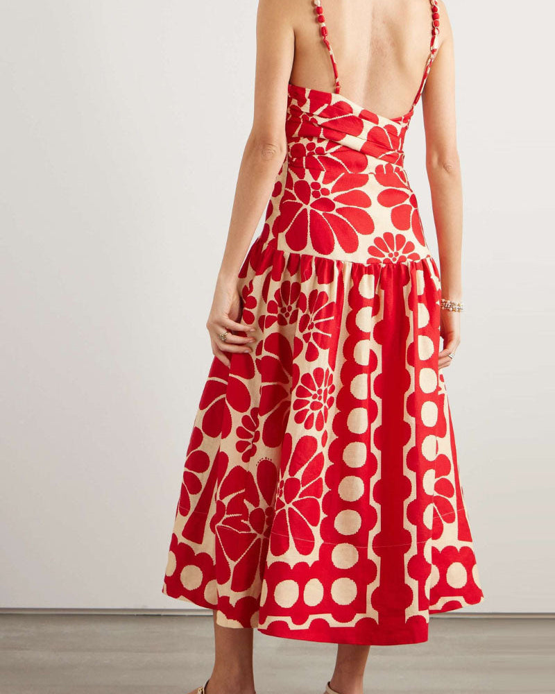 Élisabeth Floral Spagetti Uzun Elbise Kırmızı