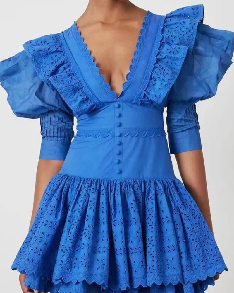 Éloïse Ruffle Derin Yaka Sırtı Açık Mini Elbise