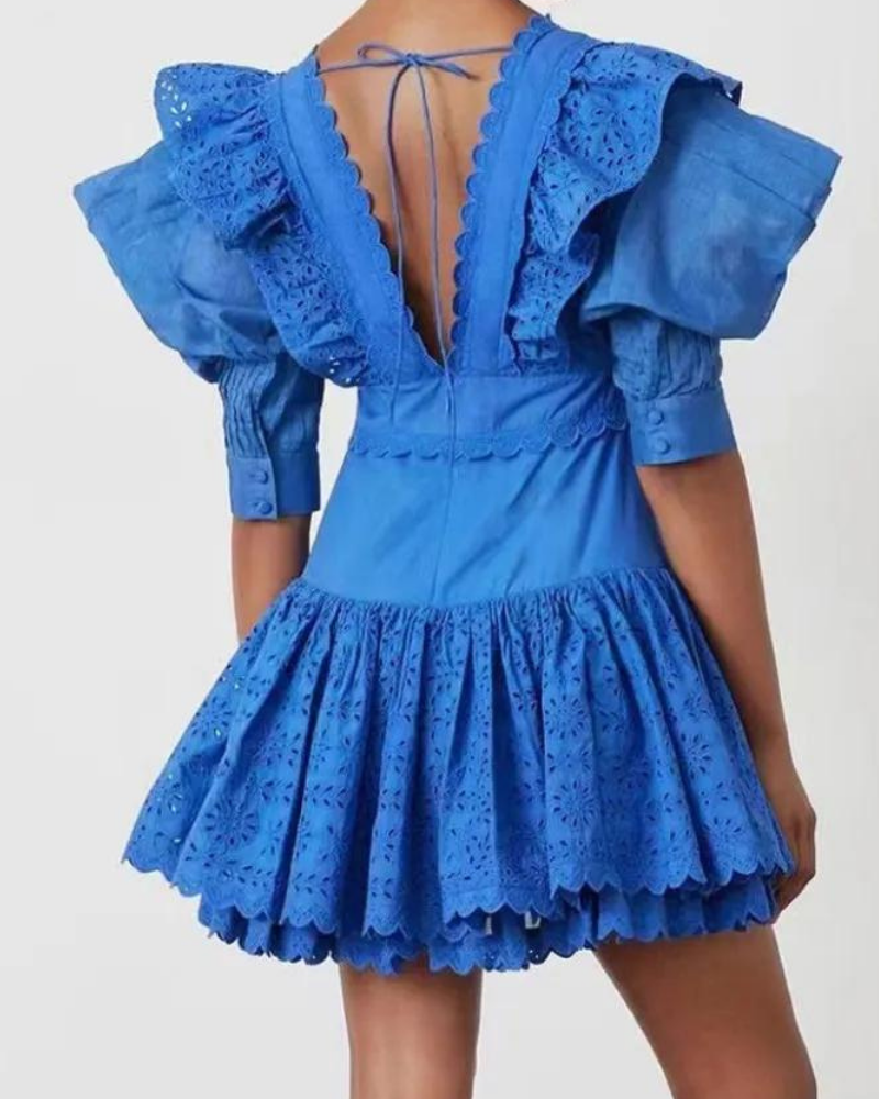 Éloïse Ruffle Derin Yaka Sırtı Açık Mini Elbise