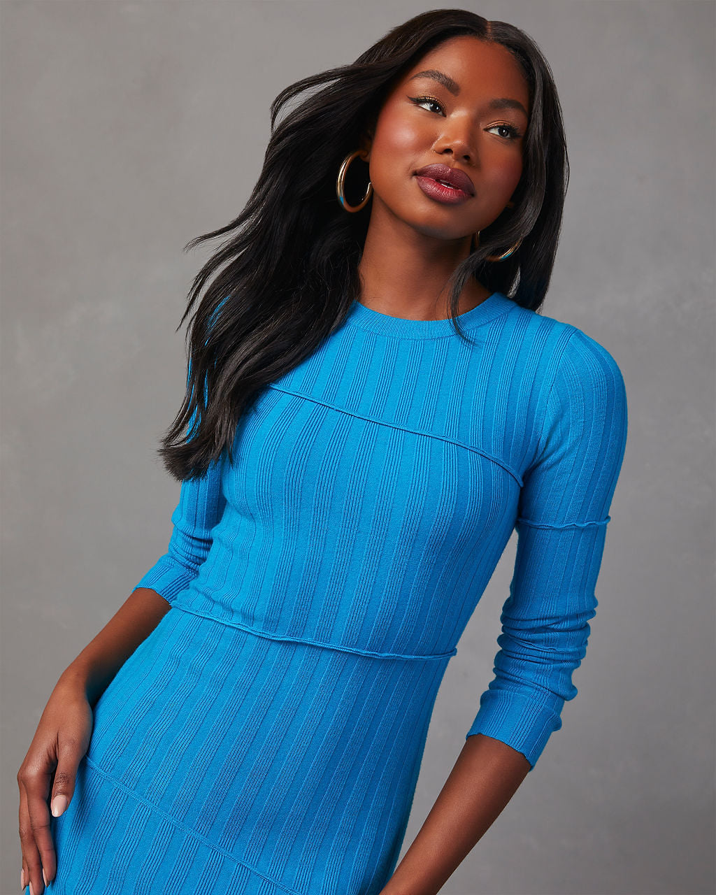 Saunders Nervürlü Midi Kazak Elbise