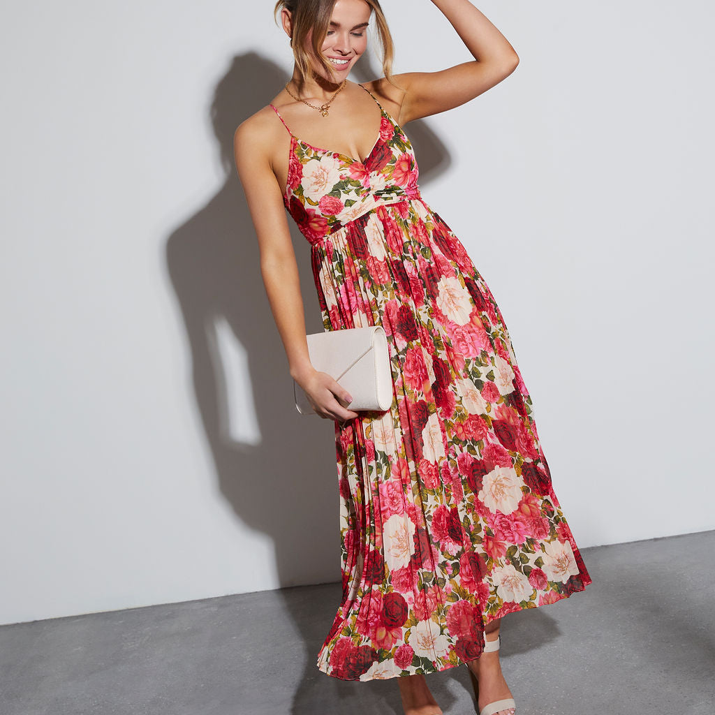 Naomie Çiçekli Pileli Uzun Elbise