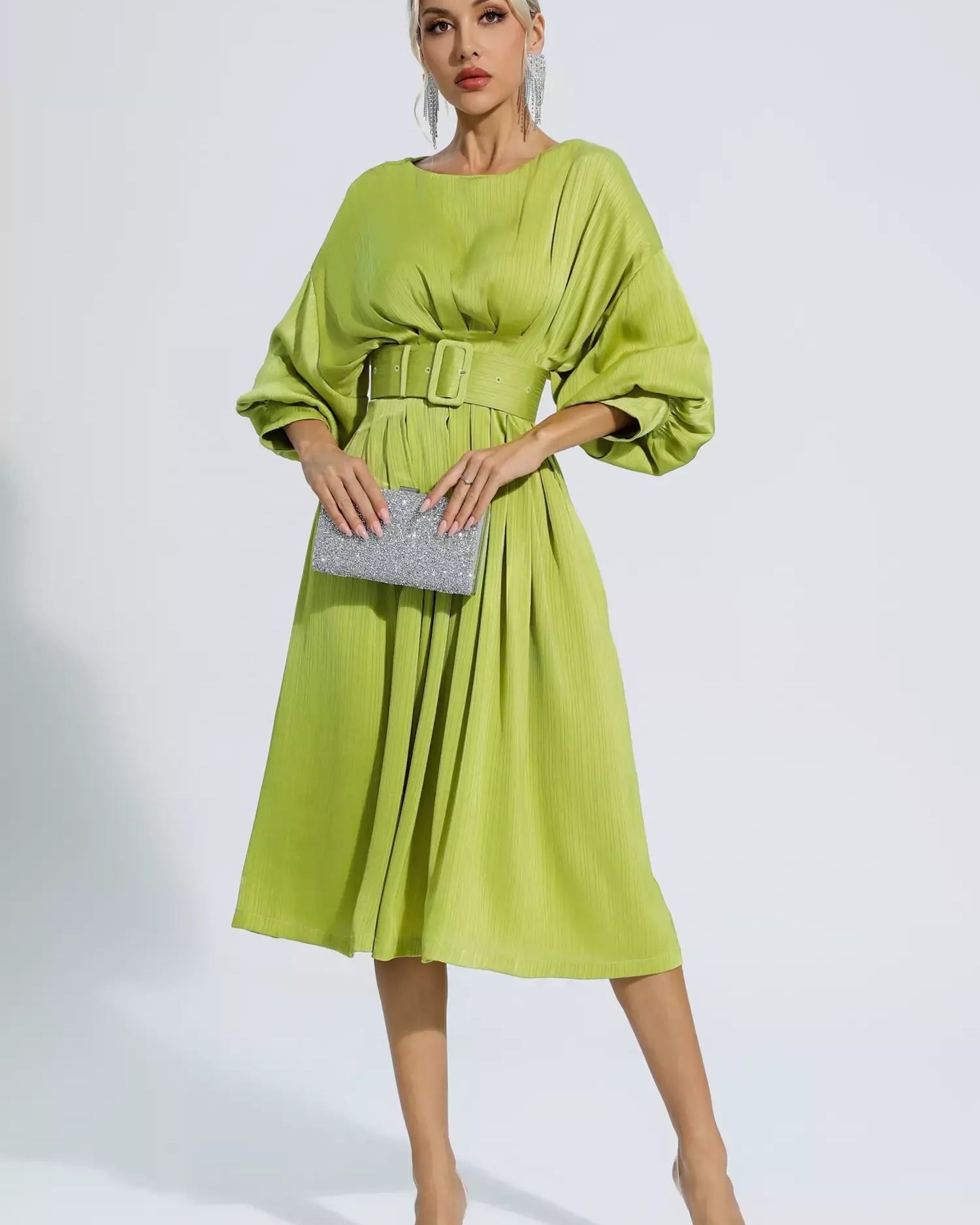 Flora Açık Yeşil Saten Midi Elbise