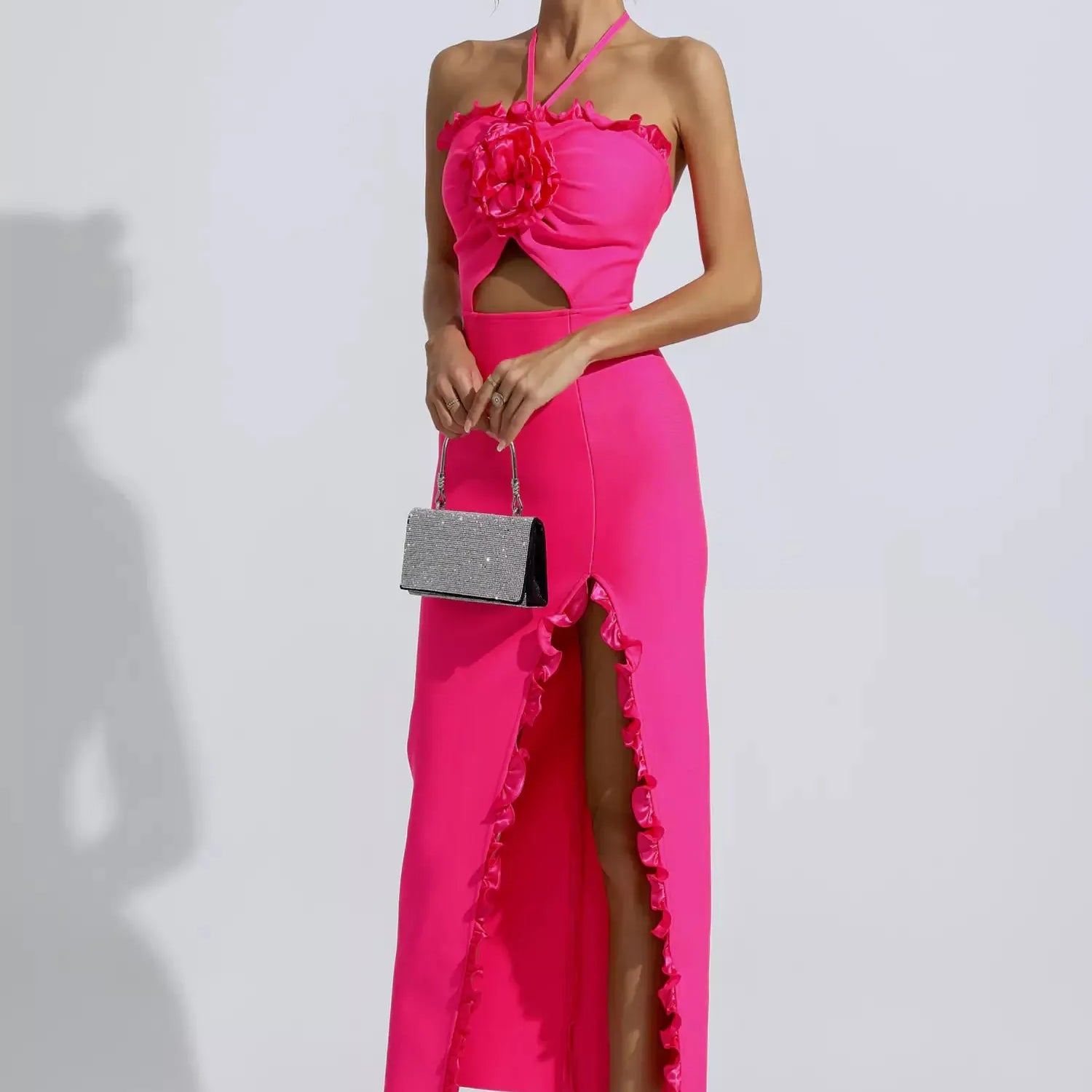 Francesca Pembe Çiçekli Dantelli Maxi Elbise