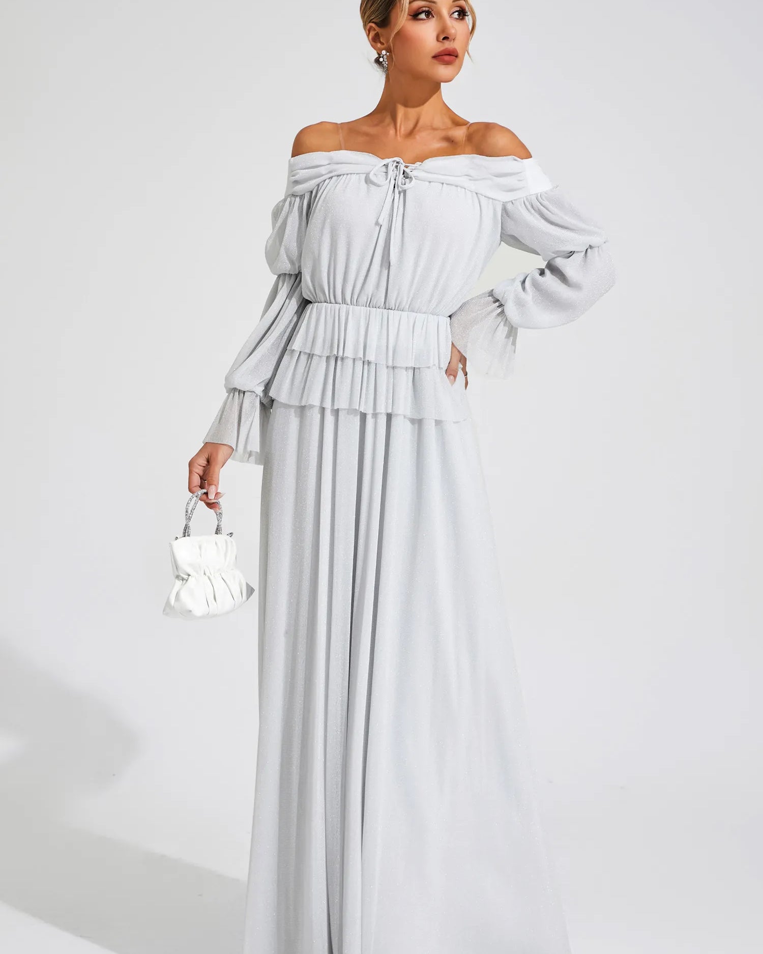 Jocelyn Gri Düşük Omuz Uzun Elbise