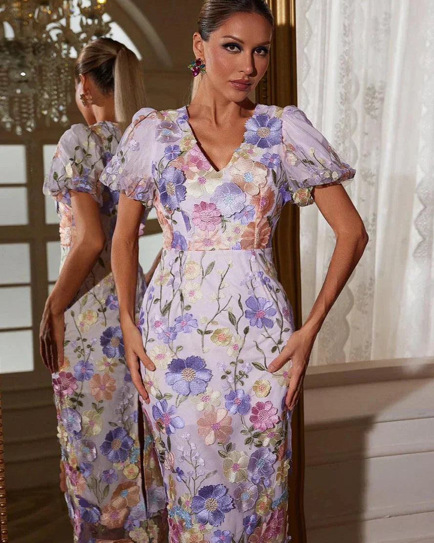 Grayson Çiçek İşlemeli Mor Maxi Elbise