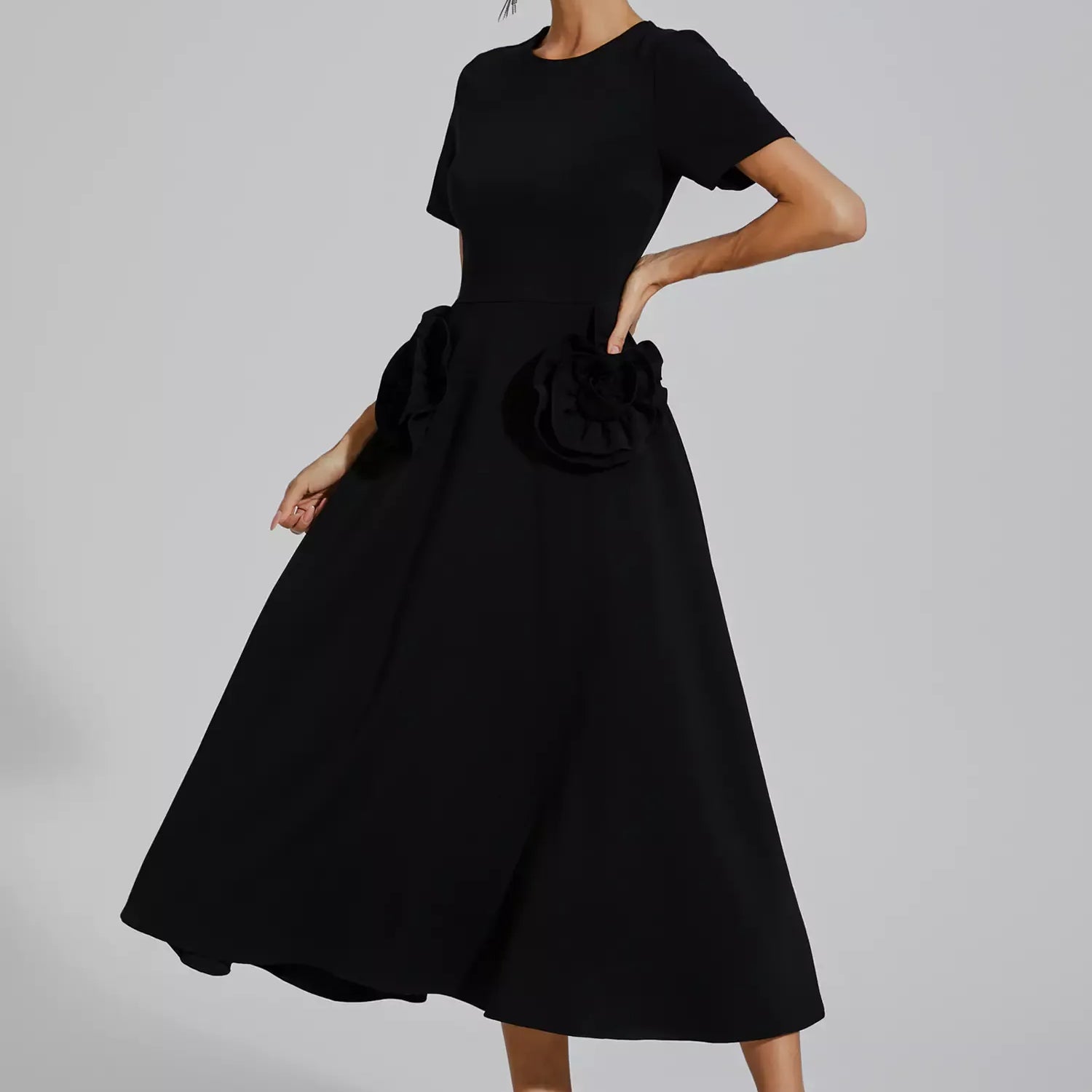 Greta Siyah Çiçek Uzun Elbise