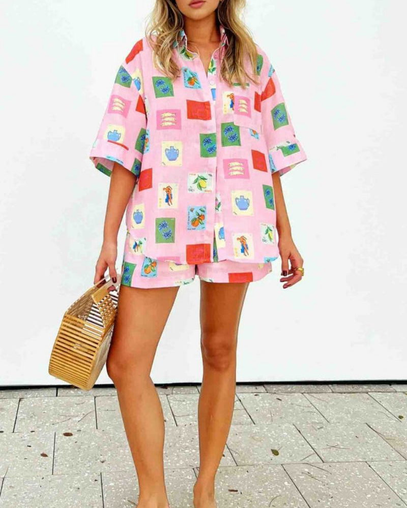 Şort Takım - Pembe Pul Desenli