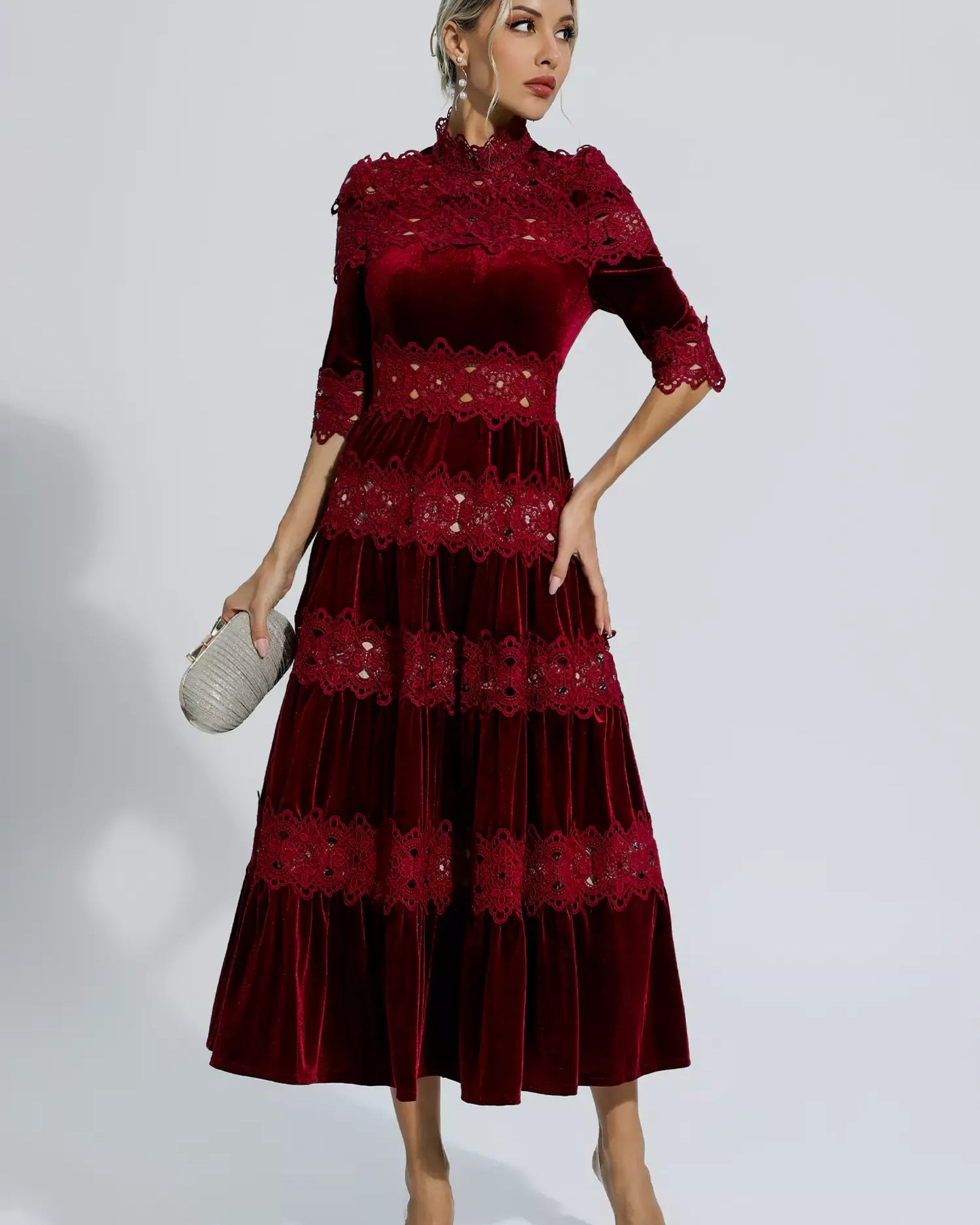 Henley Şarap Kırmızısı Uzun Kollu Uzun Elbise