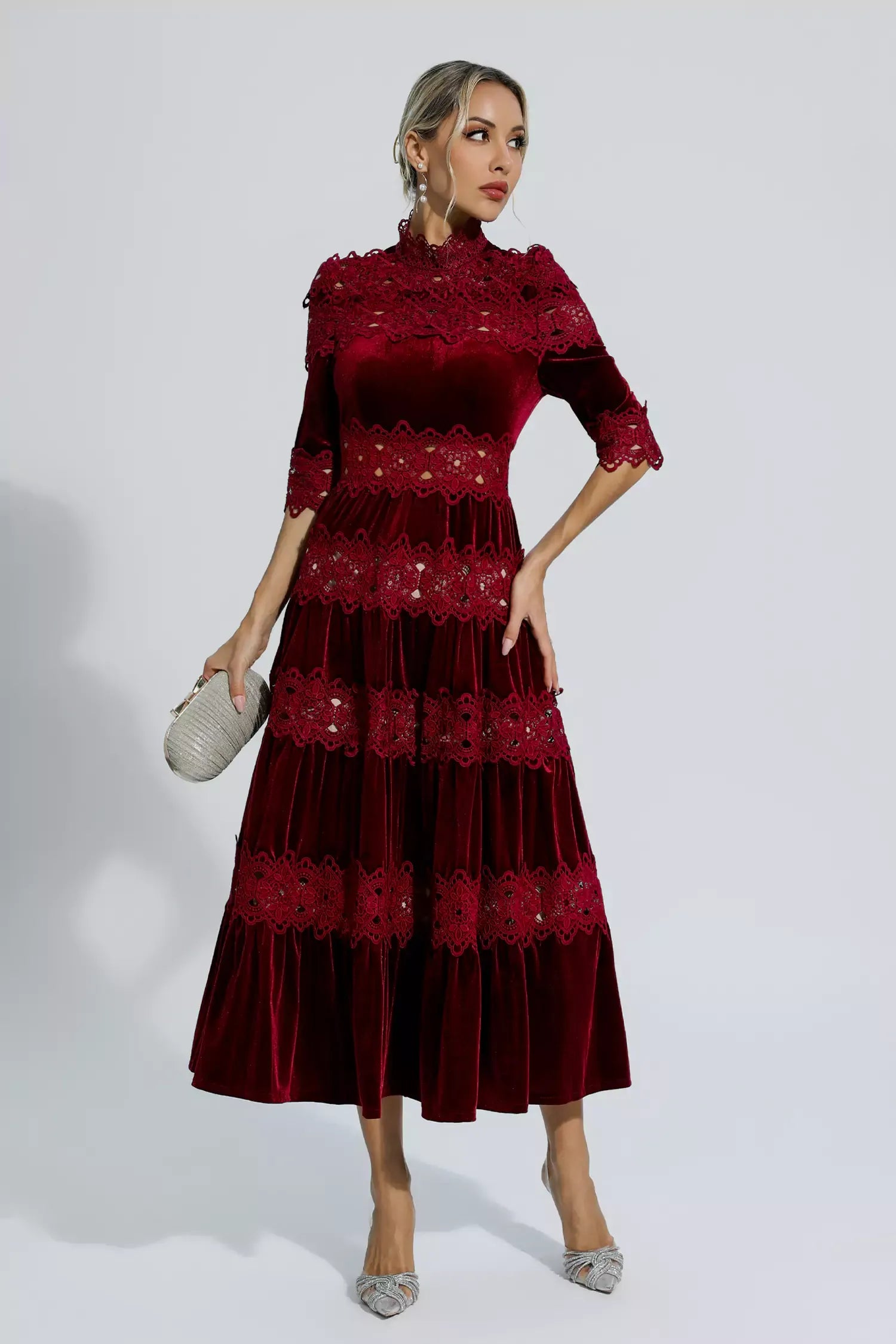 Henley Şarap Kırmızısı Uzun Kollu Uzun Elbise