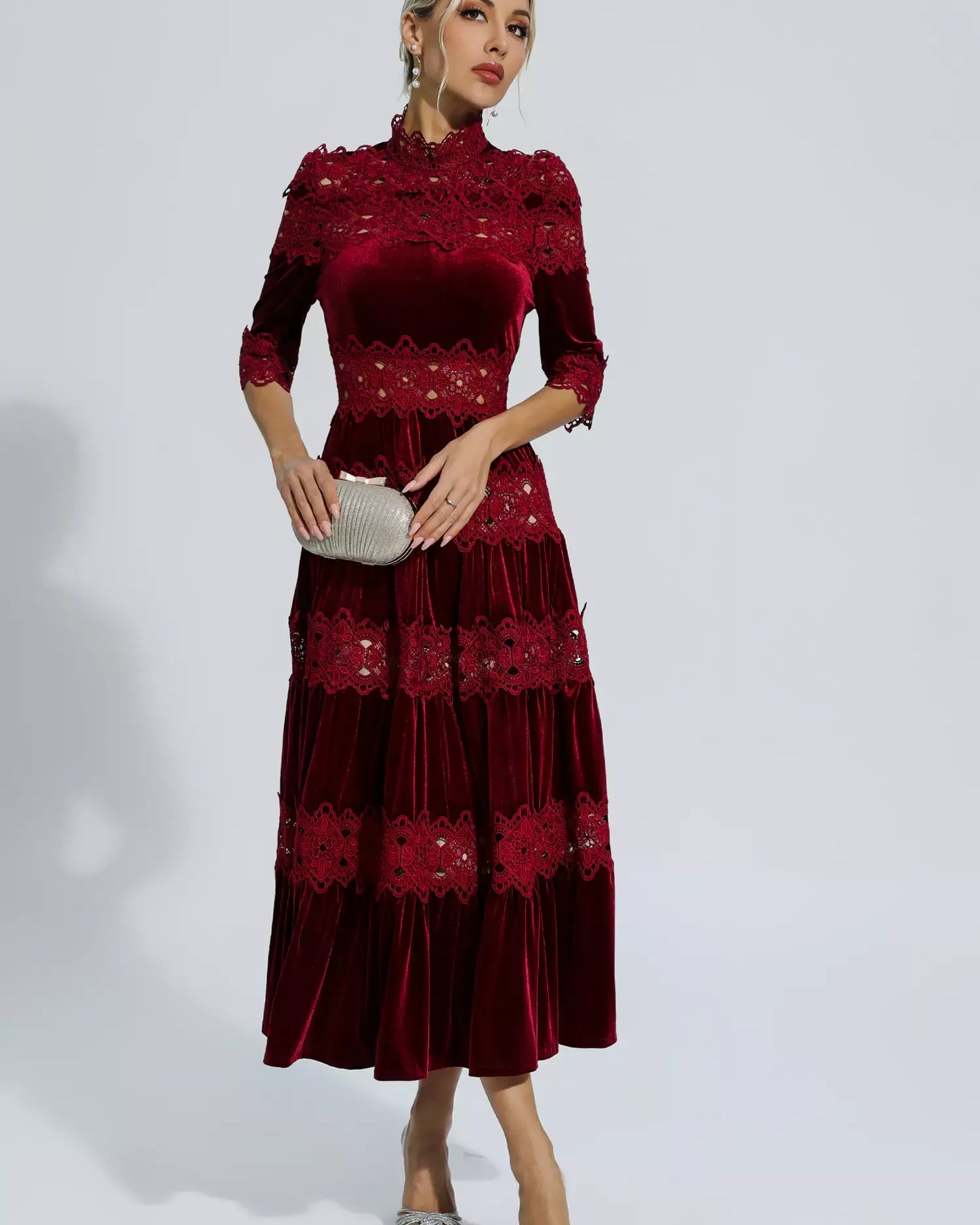 Henley Şarap Kırmızısı Uzun Kollu Uzun Elbise