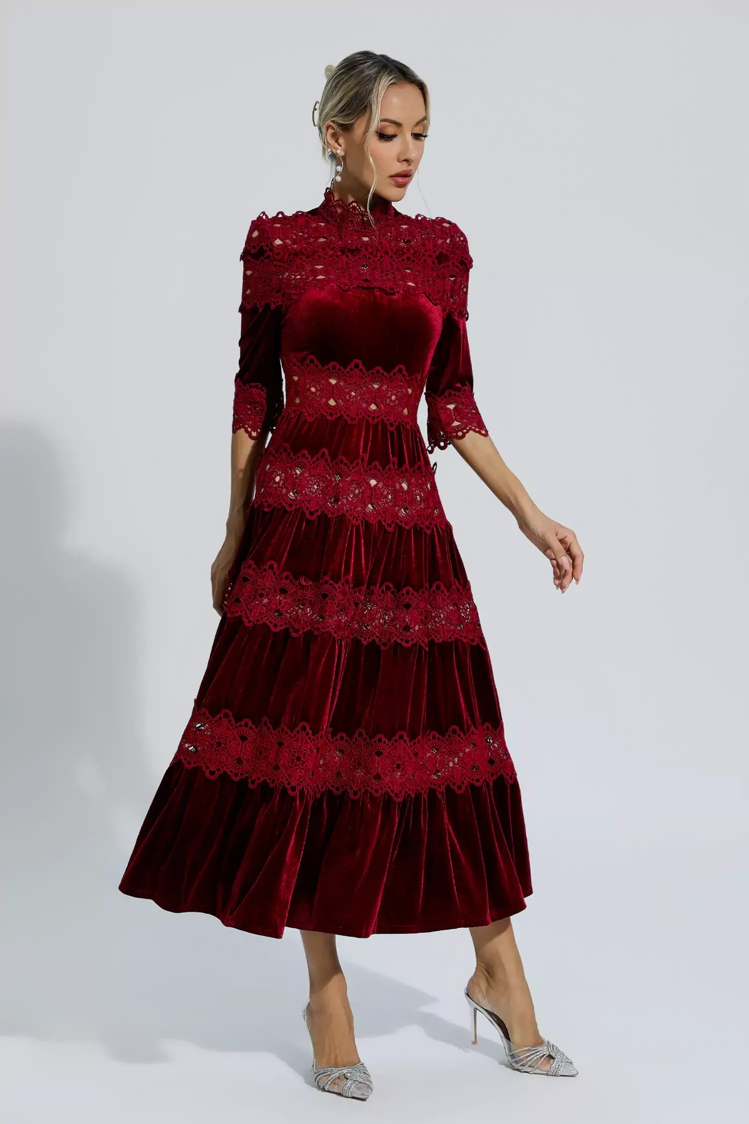 Henley Şarap Kırmızısı Uzun Kollu Uzun Elbise