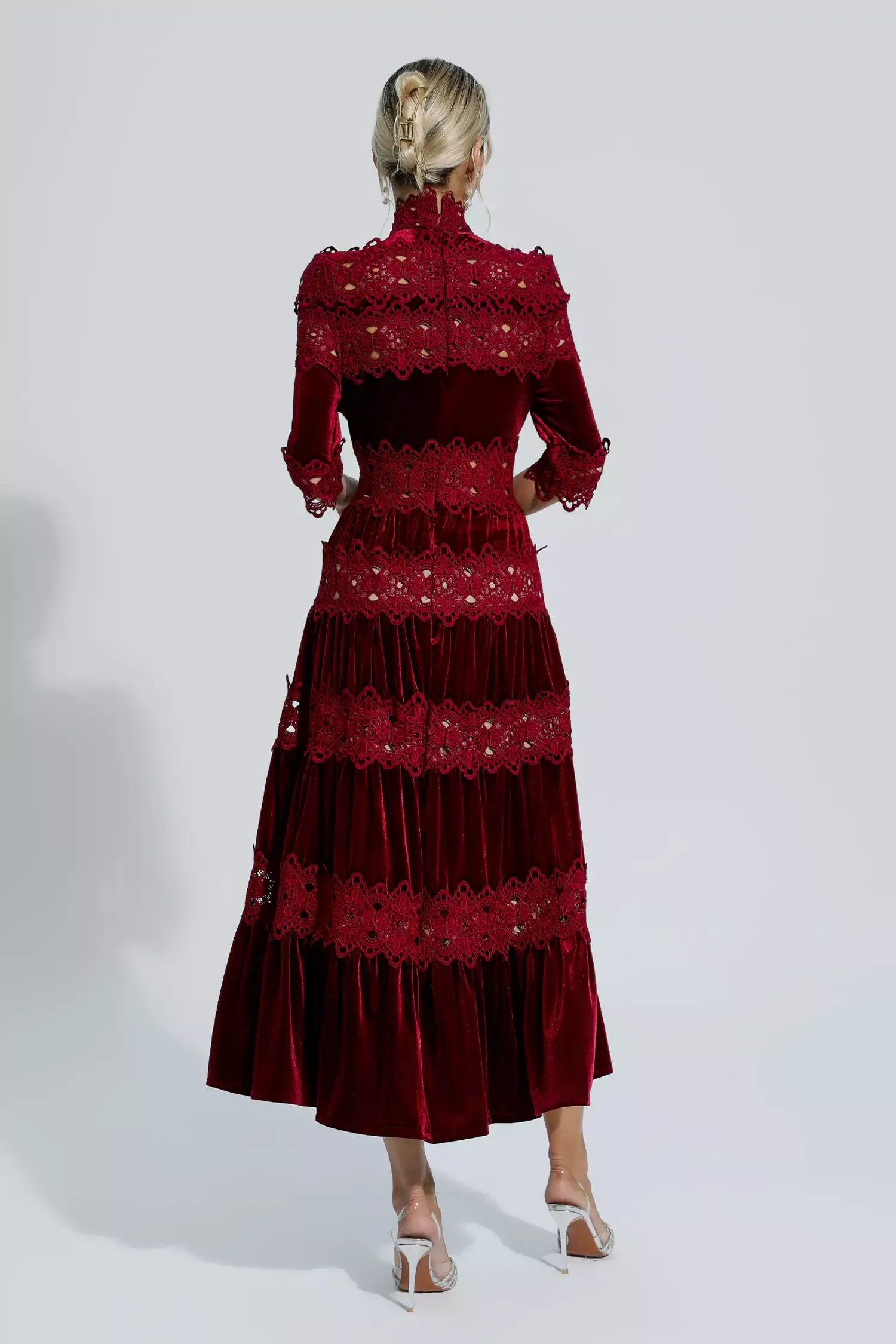 Henley Şarap Kırmızısı Uzun Kollu Uzun Elbise