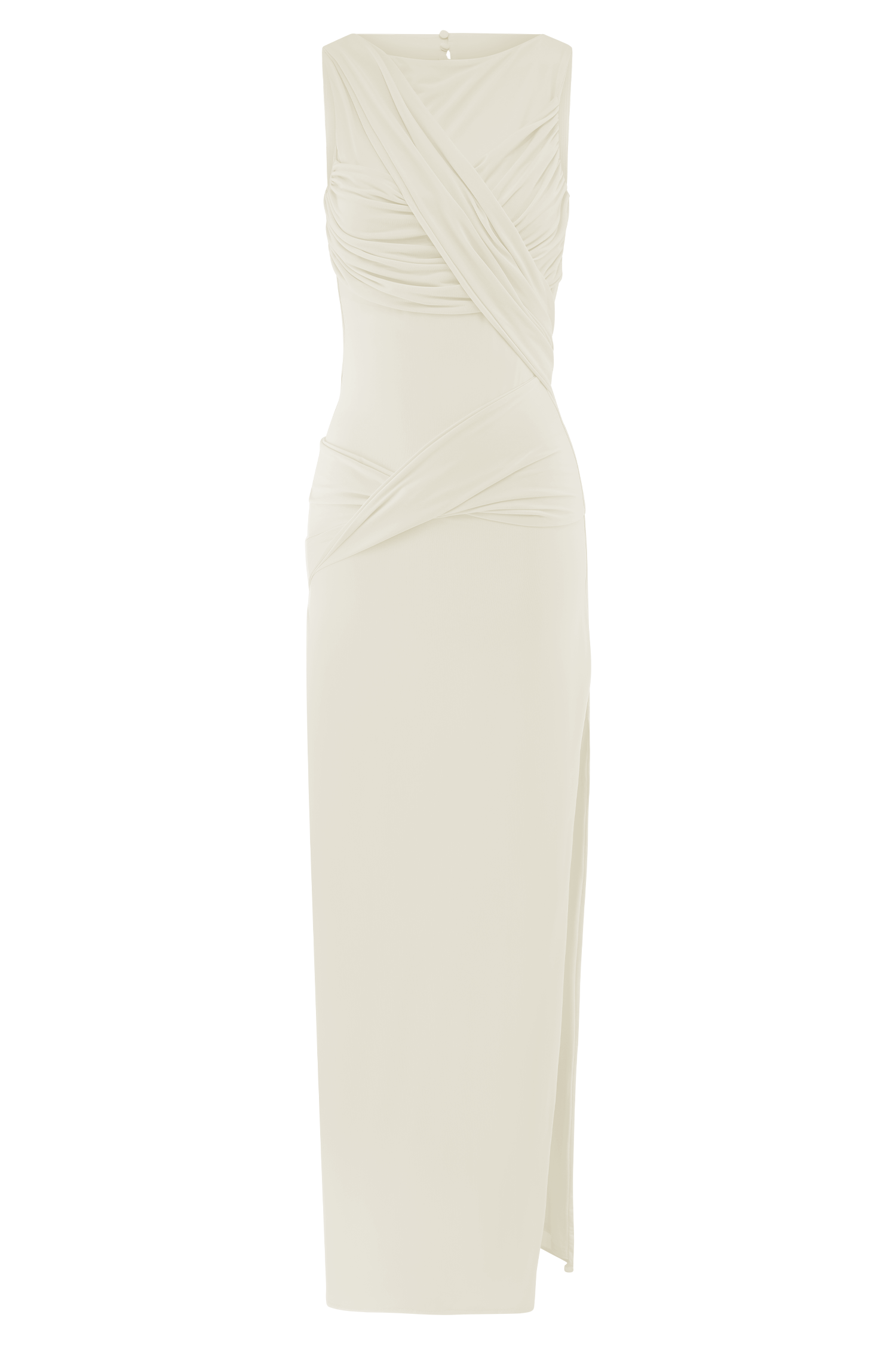 Drapeli Yüksek Yaka Uzun Elbise – Krem