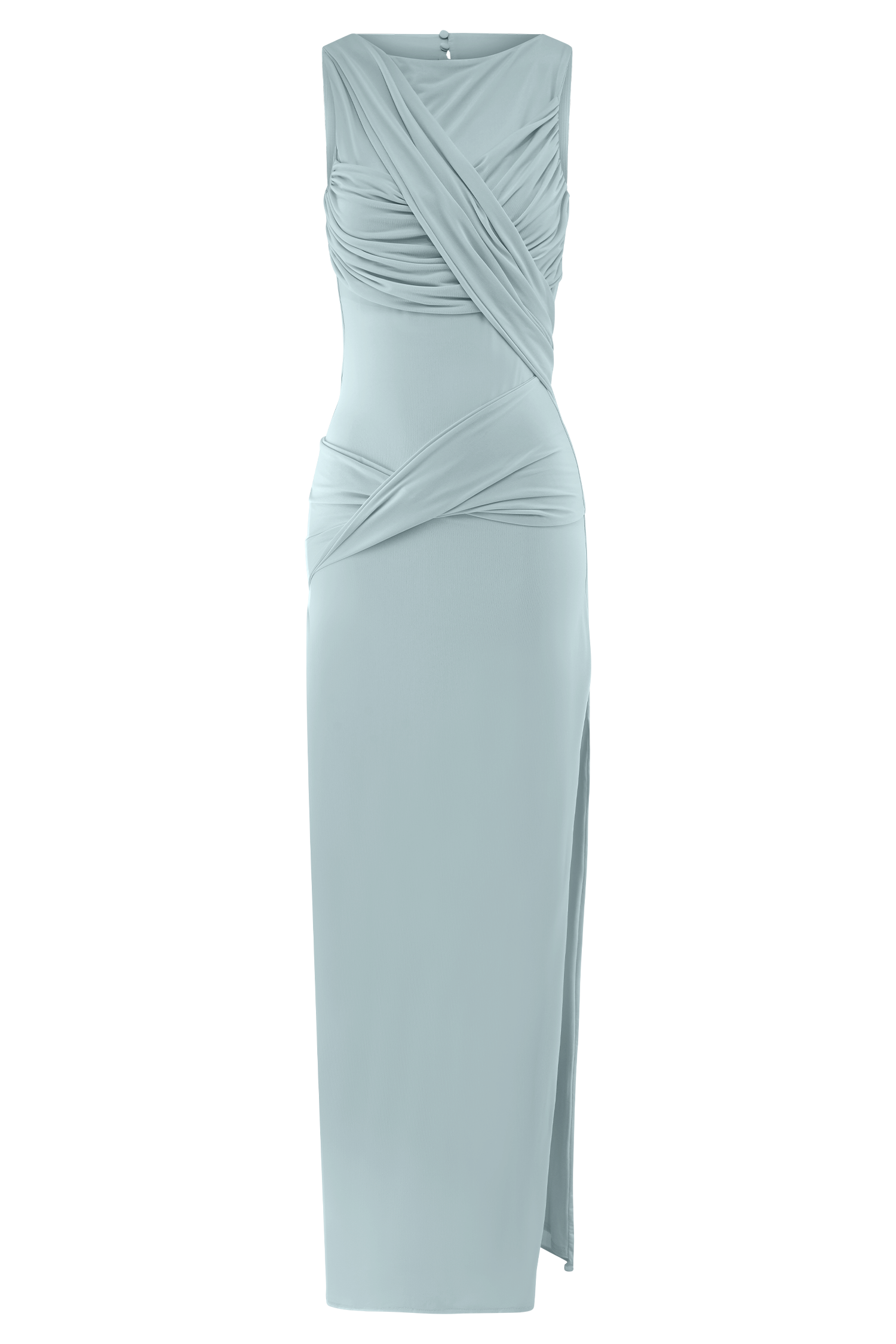 Drapeli Saten Uzun Elbise – Açık Mavi