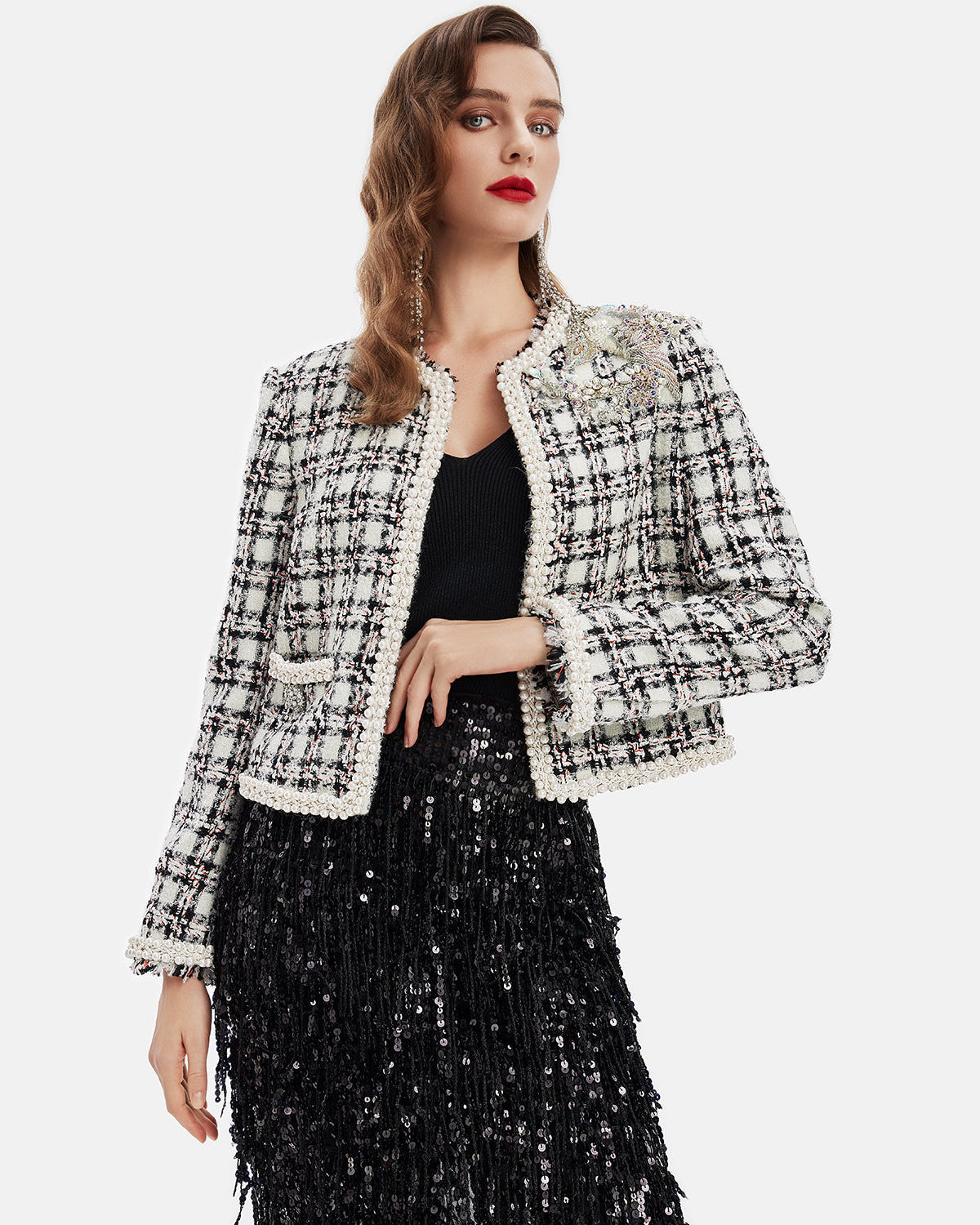 Fransız Yün Karışımlı Boncuklu Ekose Ceket