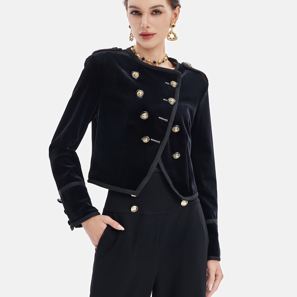 Retro Kadife Kruvaze Asimetrik Kısa Ceket