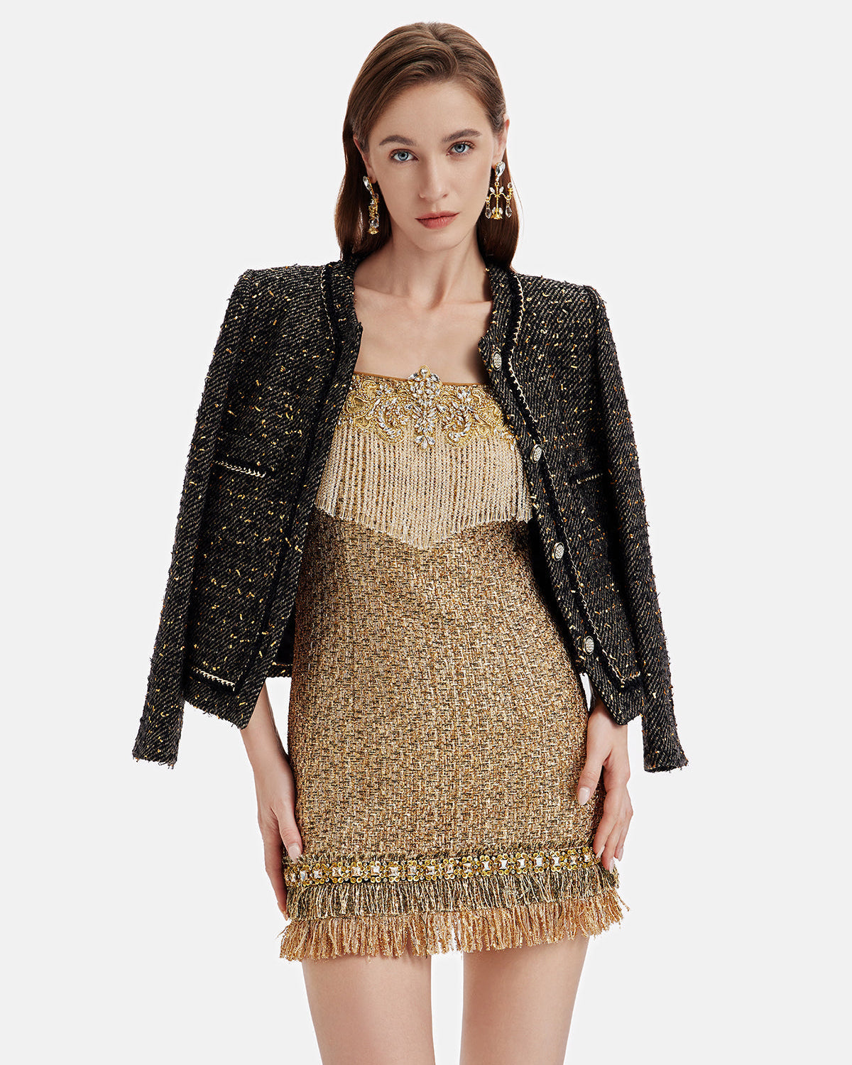 Altın İplik Deri Zincirli Trim Ceket