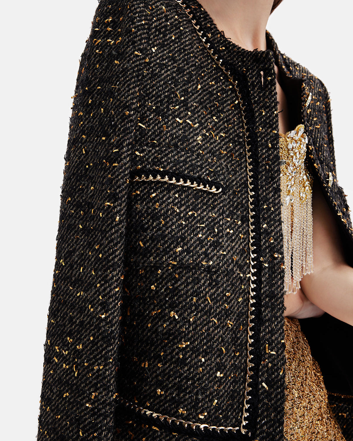 Altın İplik Deri Zincirli Trim Ceket