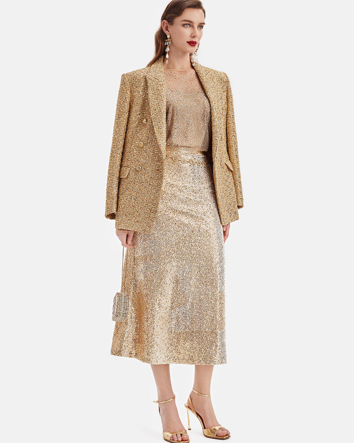 Göz Alıcı Altın Tüvit Kruvaze Ceket