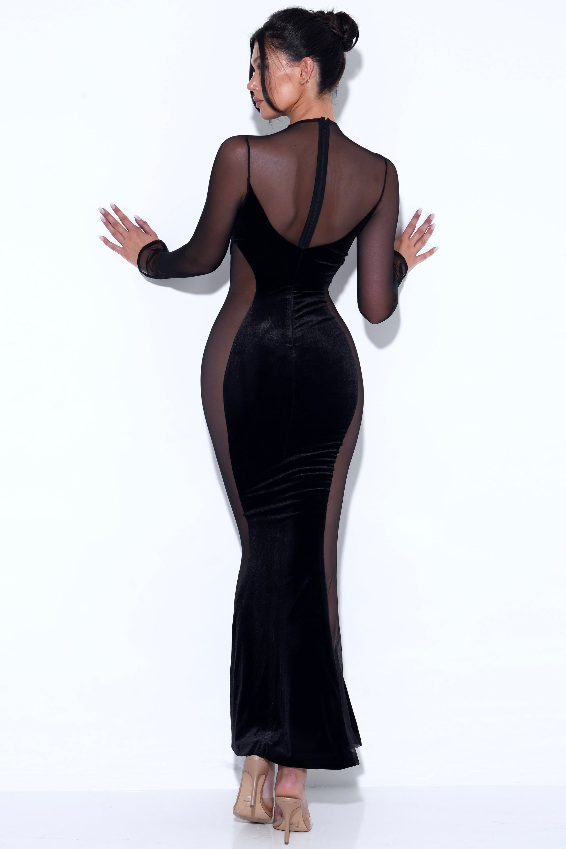 Zona Transparan Kadife Maxi Elbise